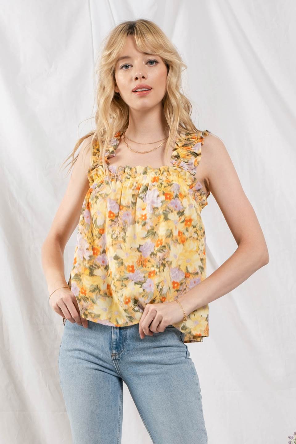 Yellow Floral Ruched Tank