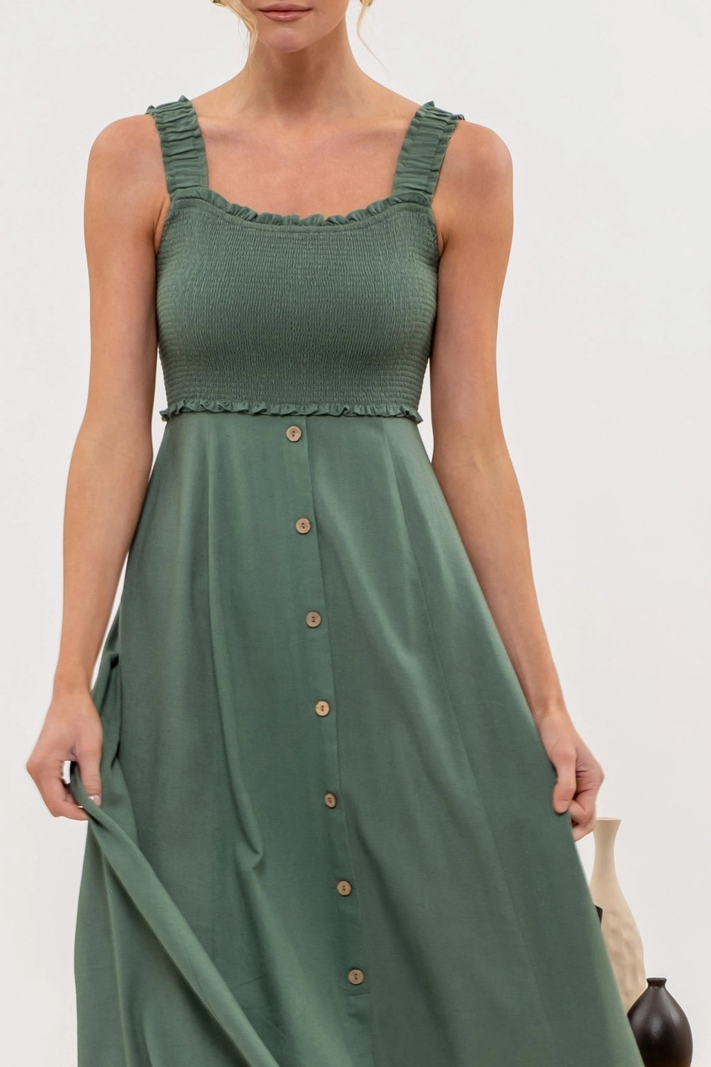 Green Smocked Midi Dress
