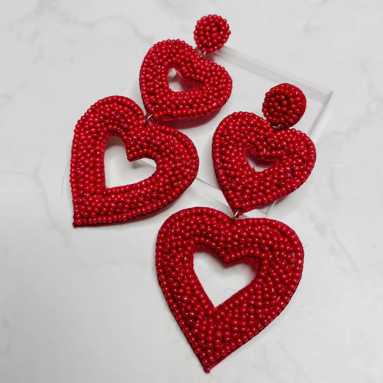 Red Double Heart Drop Earrings