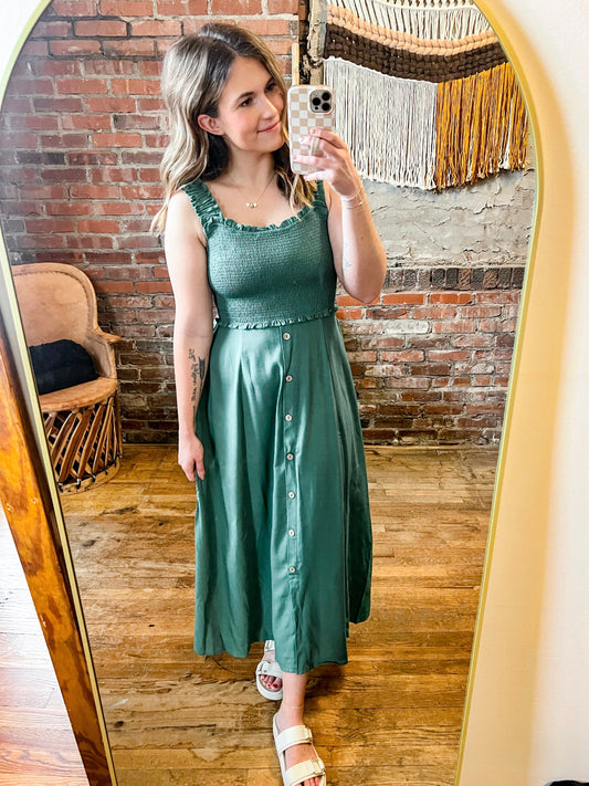 Green Smocked Midi Dress