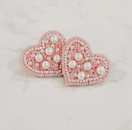 Pearl + Pink Heart Studs