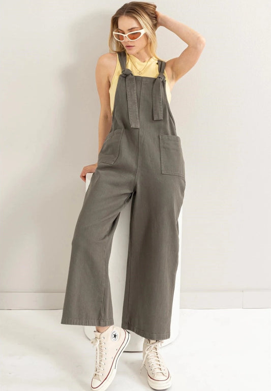 Olive Washed Knotted Overall Jumpsuit